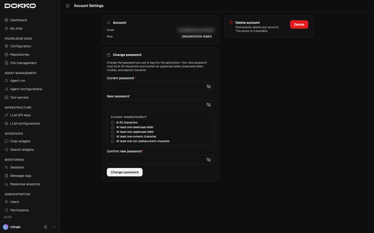 Account Settings — email, role, and password