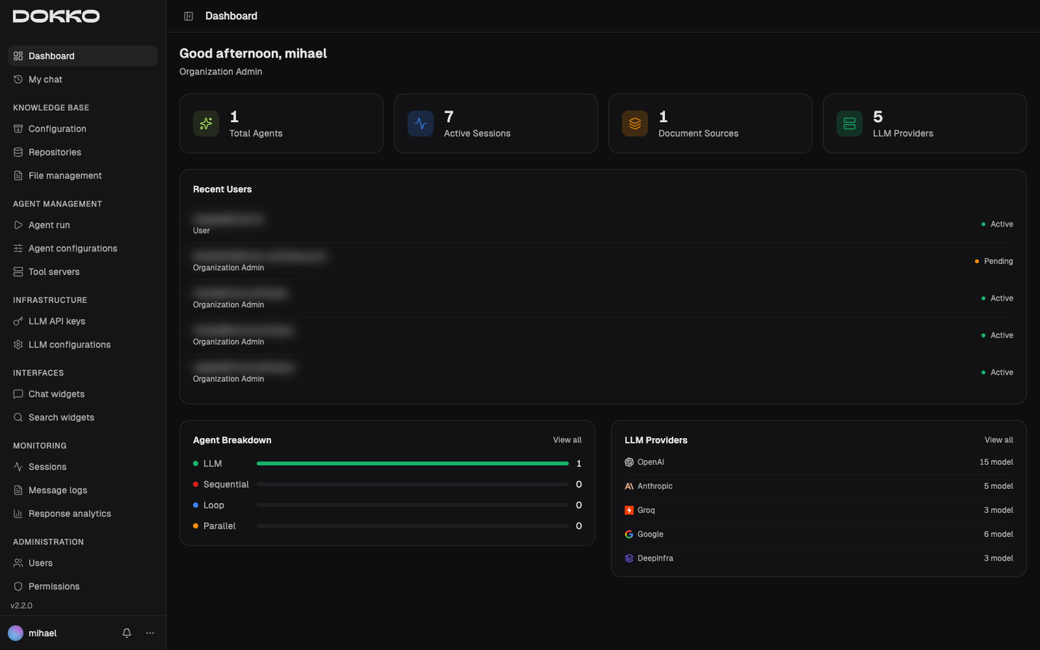 The Dokko dashboard — overview of agents, sessions, document sources, and LLM providers