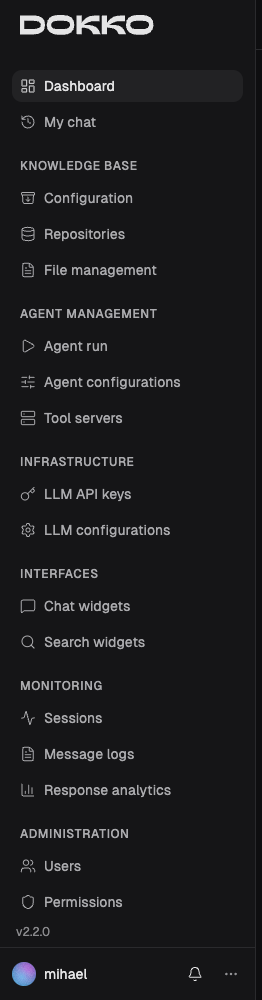 The Dokko sidebar navigation, grouped by area